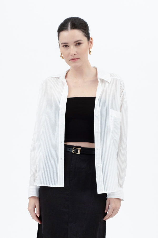 Laurel Striped Sheer Button Down Top, White