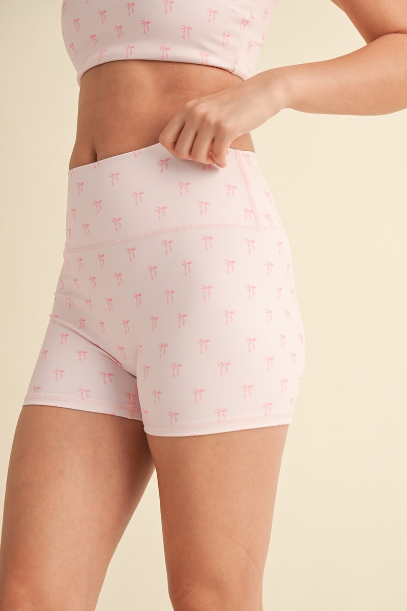 Samantha Bow Print Mid Rise Shorts, Pink Bows