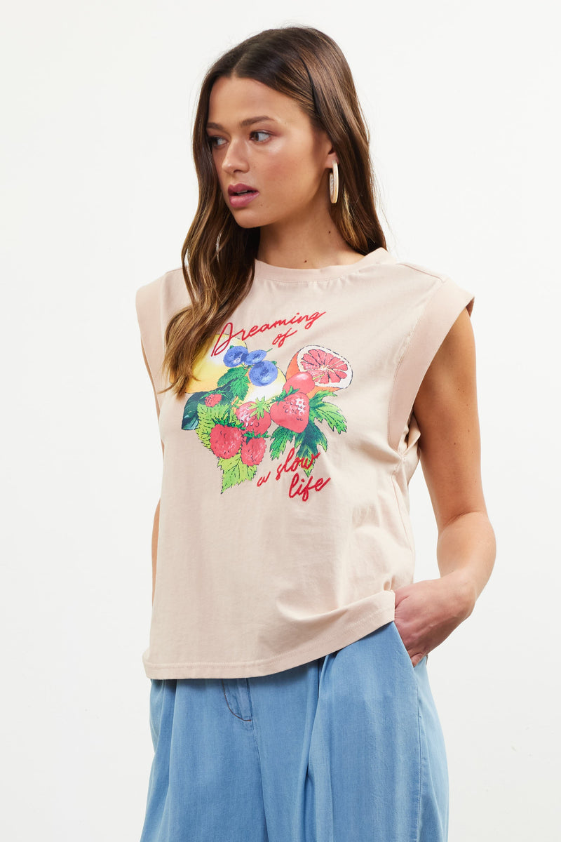 Dreaming of a Slow Life Sleeveless Graphic Tee, Beige