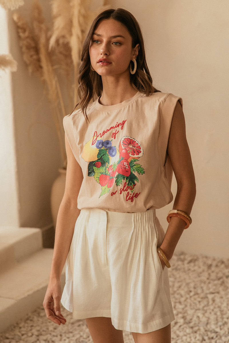 Dreaming of a Slow Life Sleeveless Graphic Tee, Beige