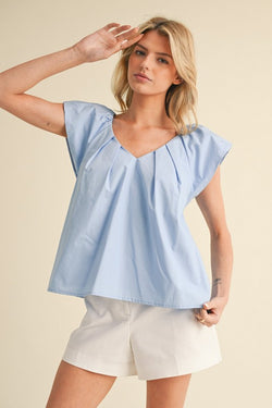 Sara Ruffle Sleeve Poplin Top, Blue