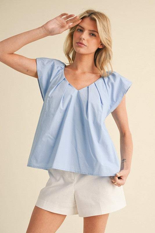 Sara Ruffle Sleeve Poplin Top, Blue