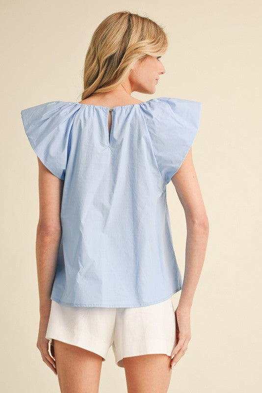 Sara Ruffle Sleeve Poplin Top, Blue