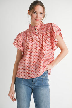 Audrey Geometric Ruffle Sleeve Top, Mauve Mix