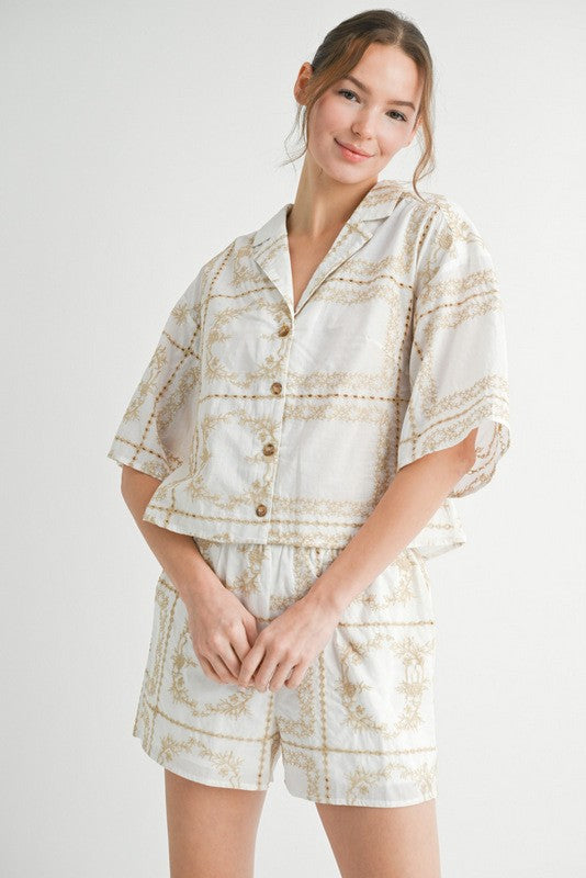 Quinn Embroidered Button Down Shirt, Taupe