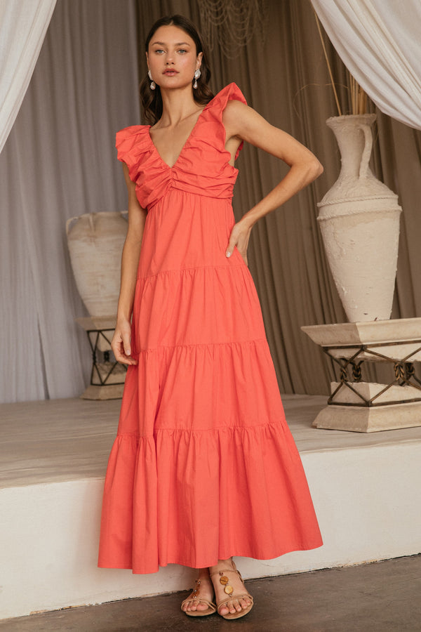 Annie V-Neck Poplin Maxi Dress, Coral