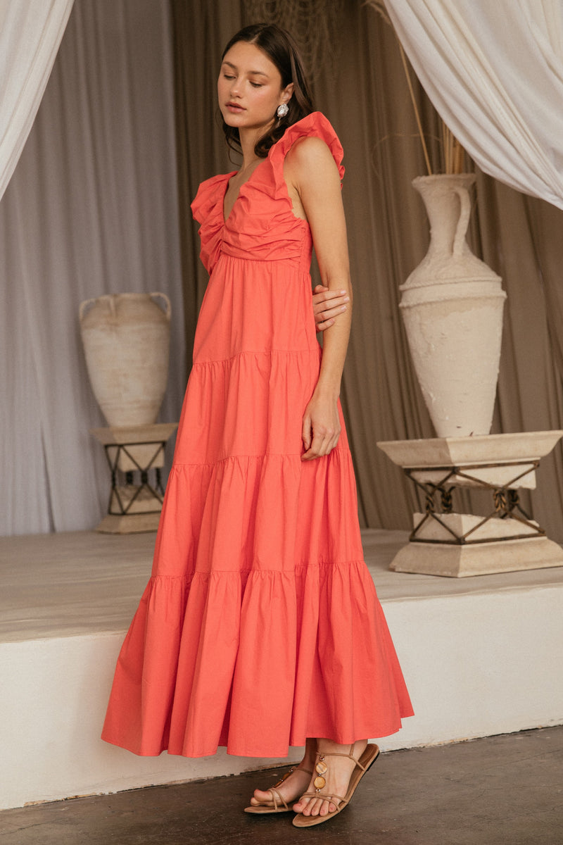 Annie V-Neck Poplin Maxi Dress, Coral