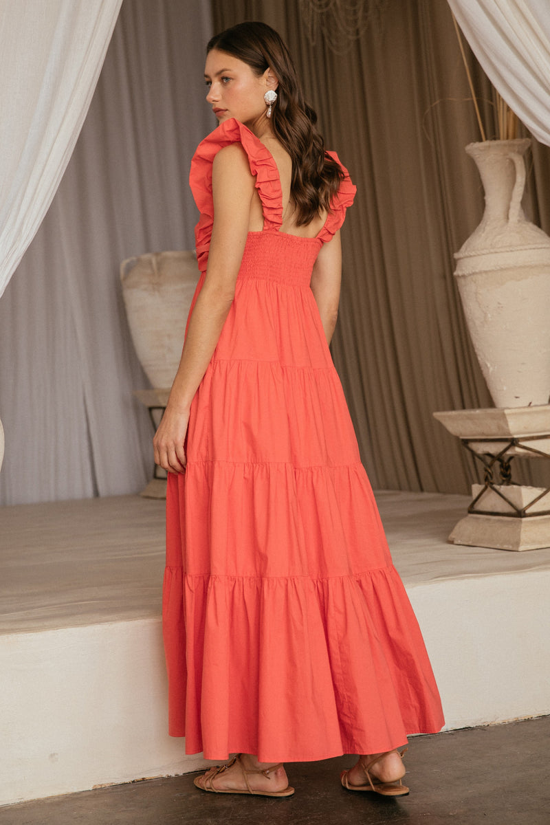 Annie V-Neck Poplin Maxi Dress, Coral