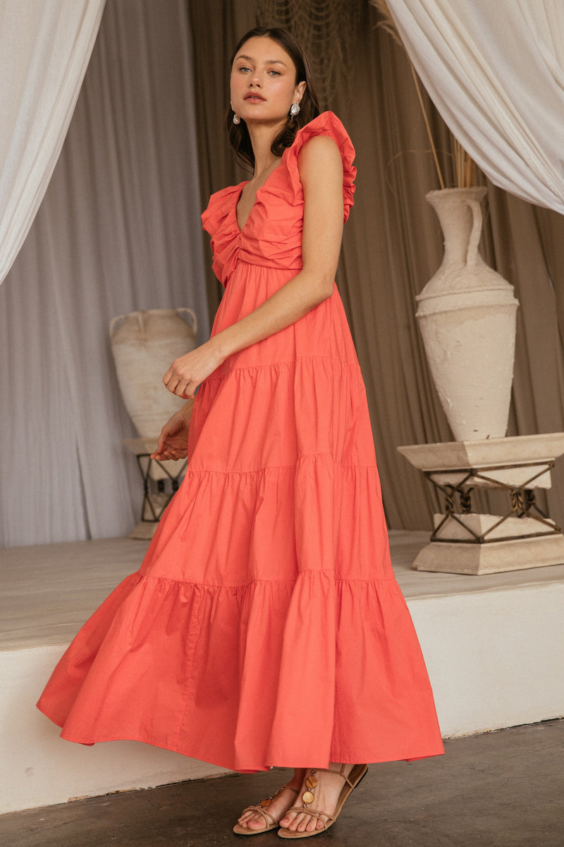 Annie V-Neck Poplin Maxi Dress, Coral