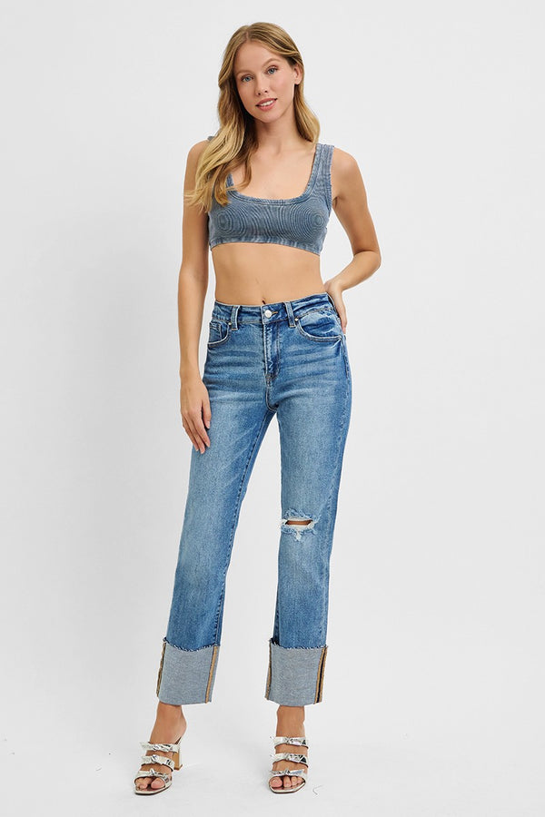 Lia High Rise Straight Wide Cuffed Jeans, Medium