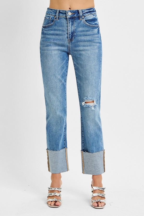 Lia High Rise Straight Wide Cuffed Jeans, Medium