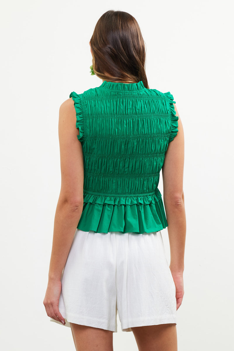 Sutton Poplin Smocked Peplum Top, Kelly Green