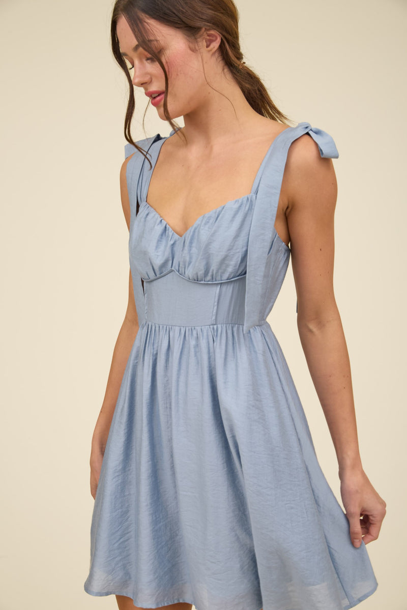 Kali Corset Tie Strap Mini Dress, Chambray