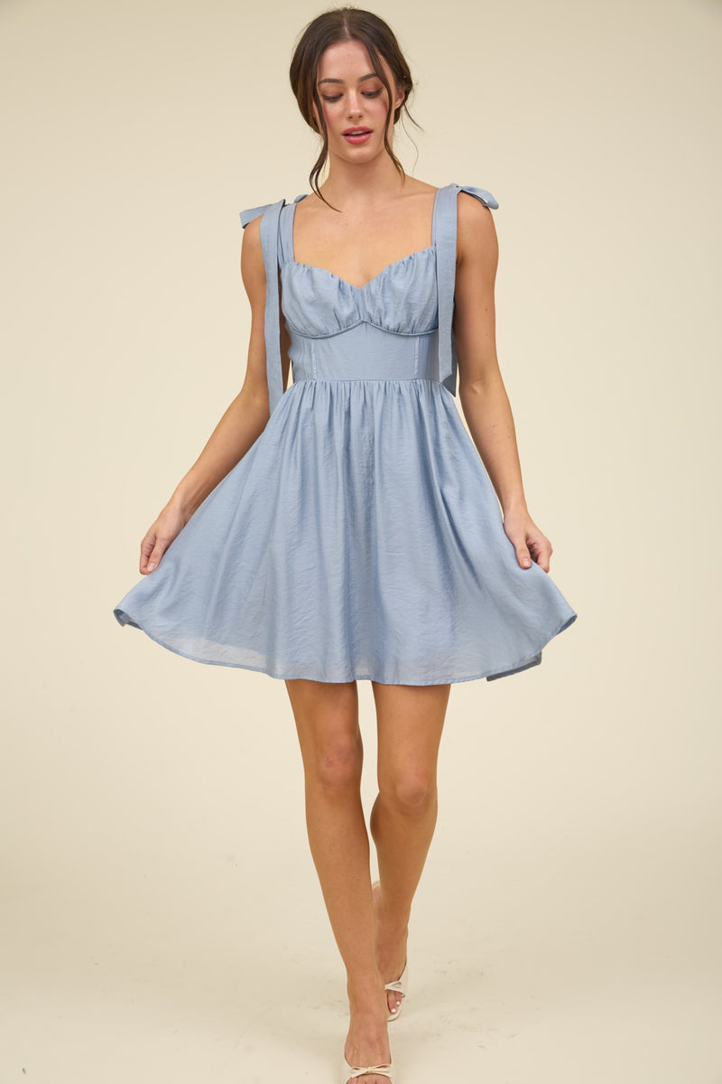 Kali Corset Tie Strap Mini Dress, Chambray