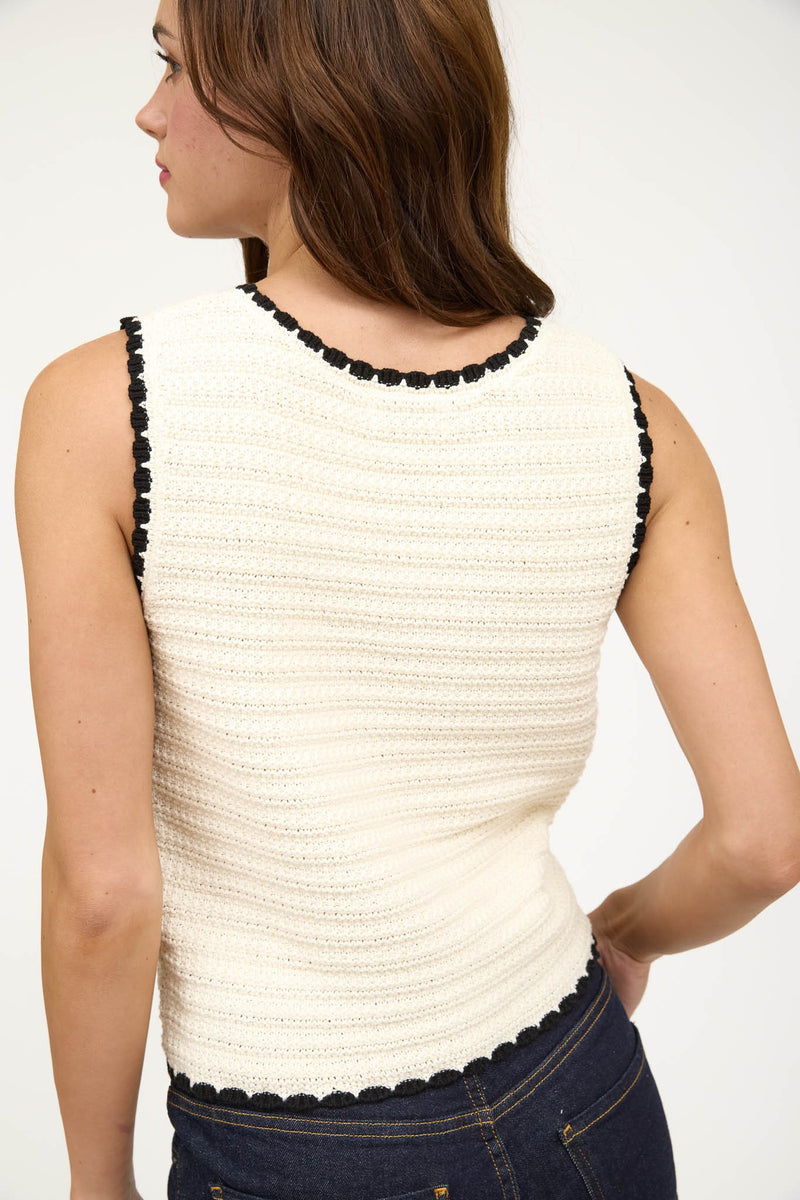 Aria Contrast Stitch Crocheted Sweater, Ivory