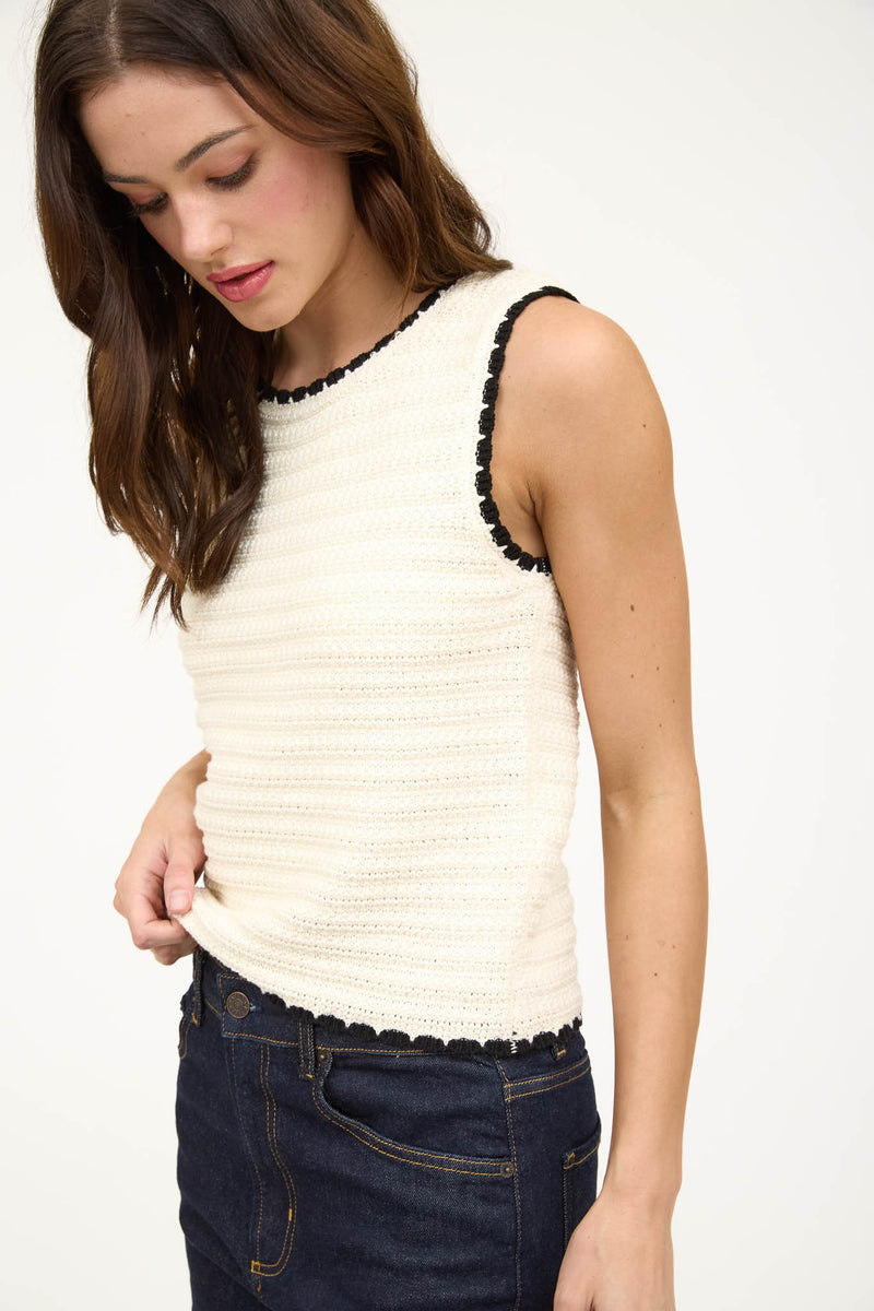 Aria Contrast Stitch Crocheted Sweater, Ivory