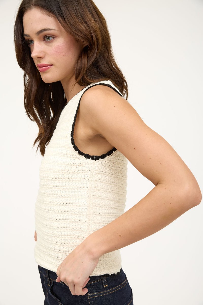 Aria Contrast Stitch Crocheted Sweater, Ivory