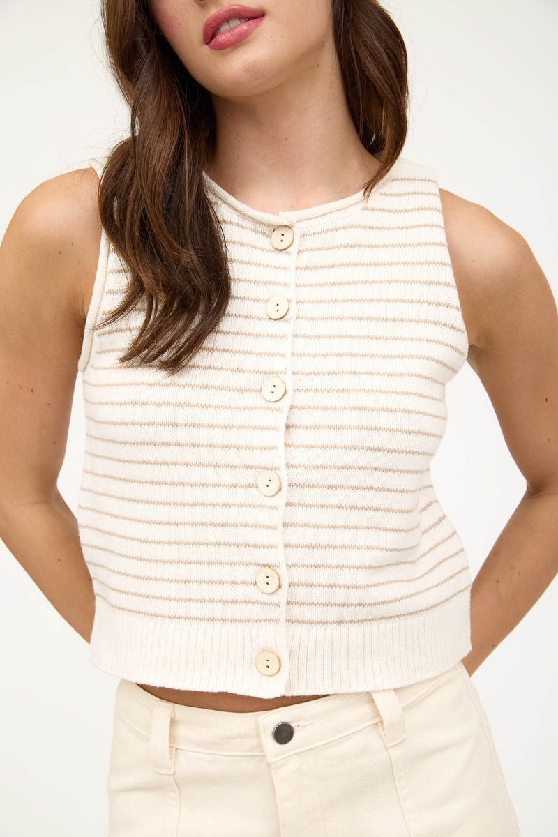 Mila Striped Raw Edge Knit Vest, Light Khaki