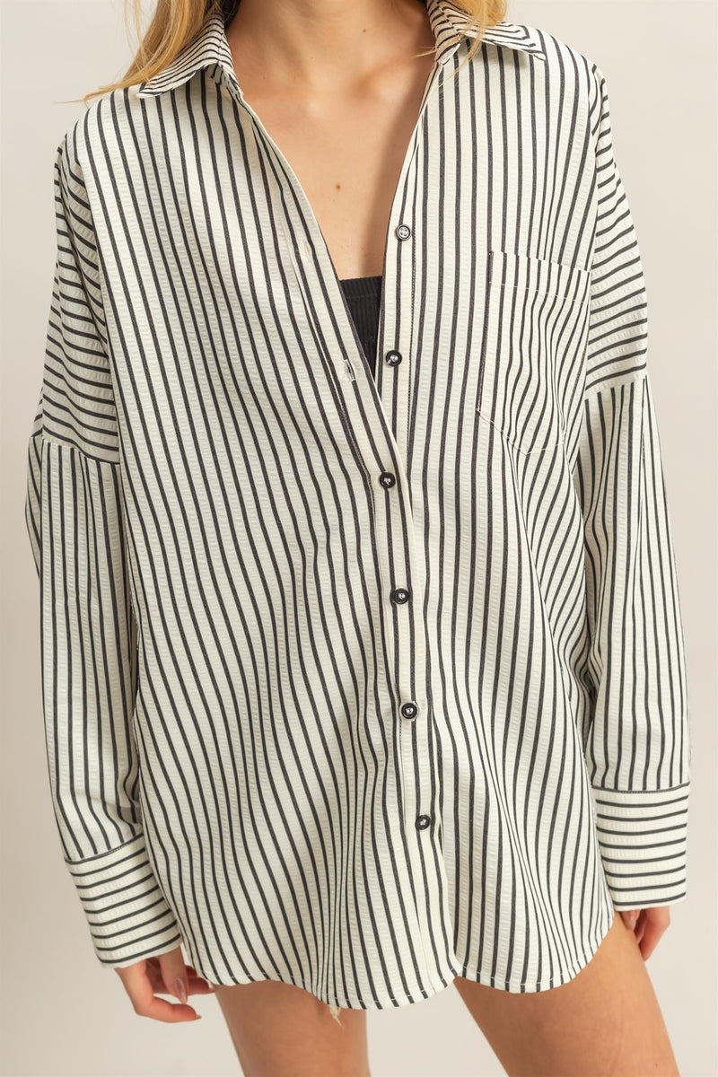 Raya Striped Button Down Shirt, Black