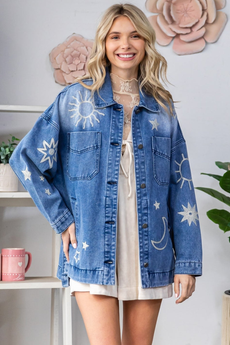 Ashley Embroidered Denim Jacket, Medium Wash