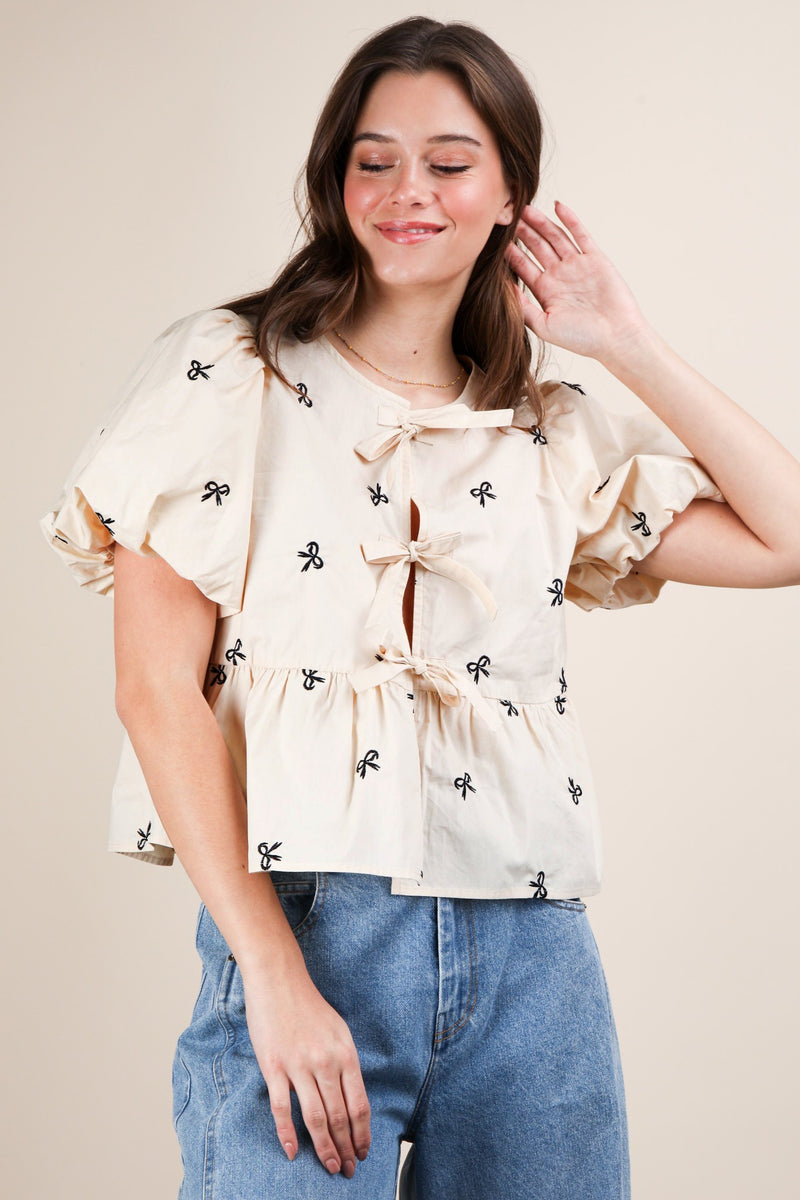 Clara Front Tie Bow Embroidered Top, Beige