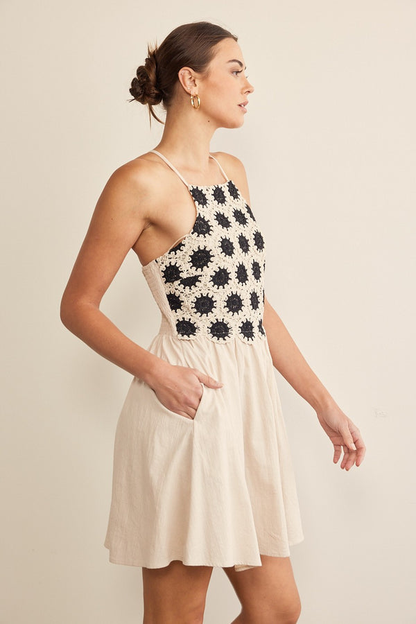Zahra Crochet Bodice Mini Dress, Natural
