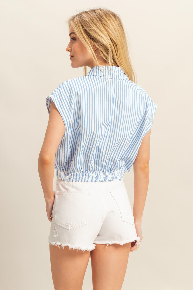 Hailey Striped Collared Crop Top, Blue