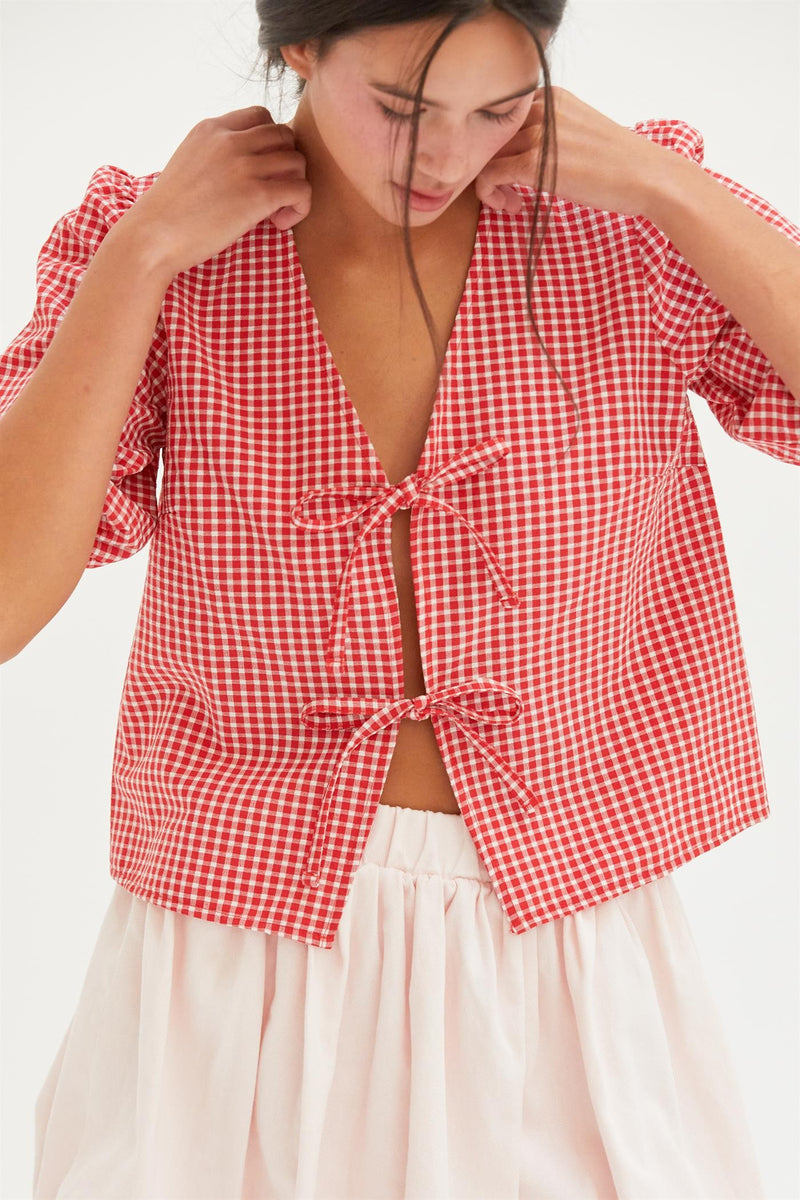 Murphy Gingham Tie Front Blouse, Red