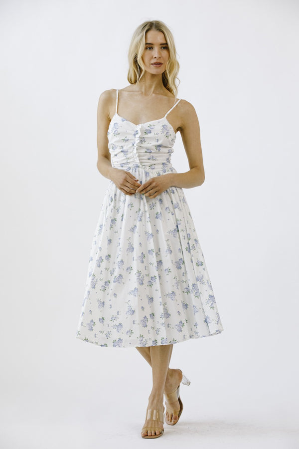 Miller Rose Print A-Line Dress, White/Blue Floral