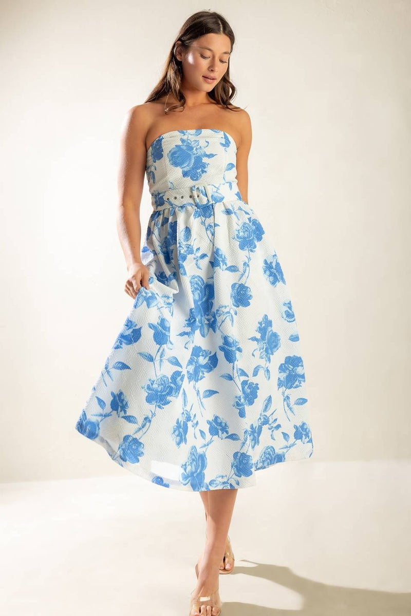 Oaklynn Strapless Floral Dress, Blue