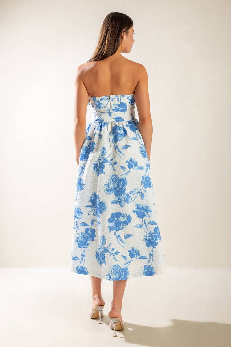 Oaklynn Strapless Floral Dress, Blue