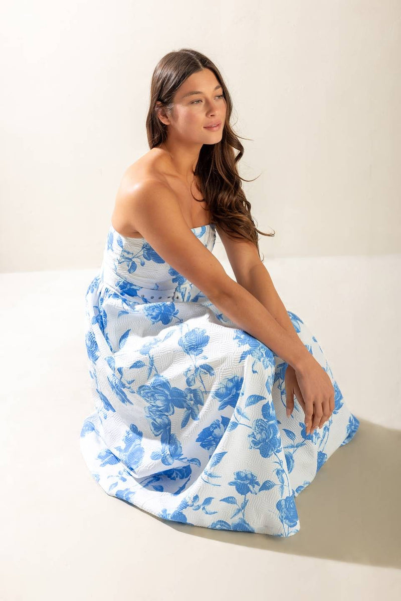 Oaklynn Strapless Floral Dress, Blue