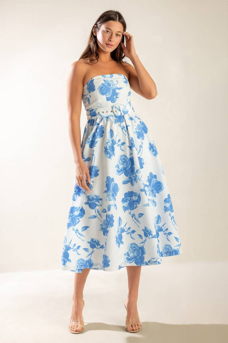 Oaklynn Strapless Floral Dress, Blue