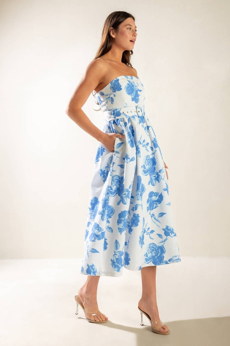 Oaklynn Strapless Floral Dress, Blue