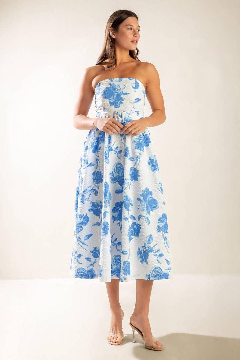 Oaklynn Strapless Floral Dress, Blue