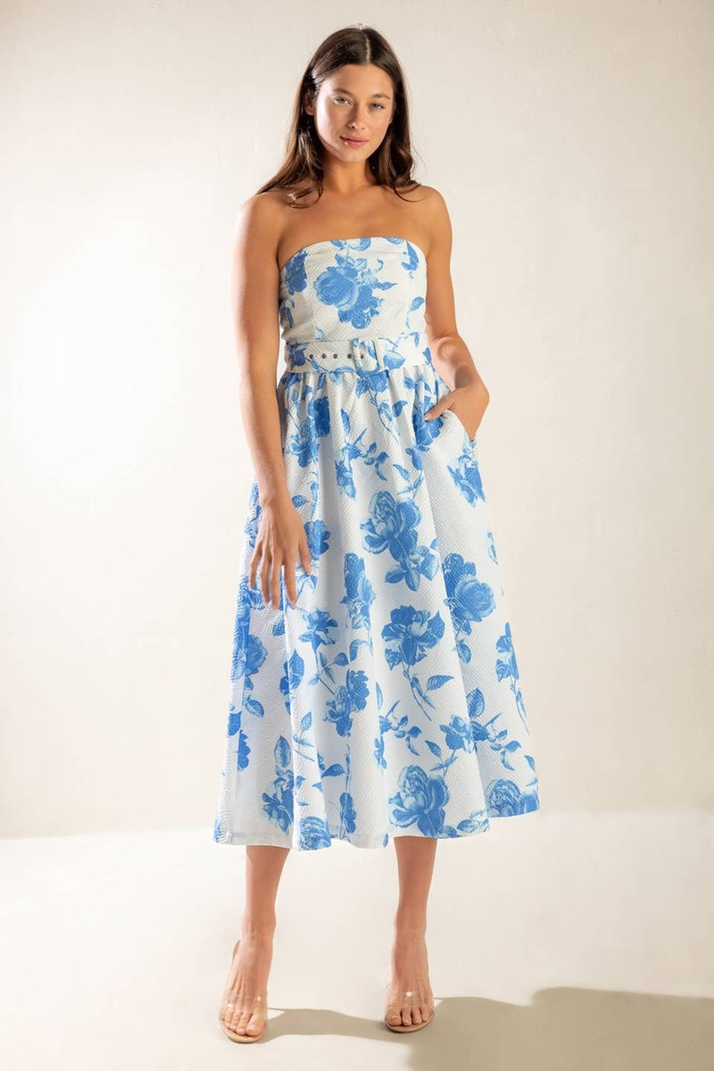 Oaklynn Strapless Floral Dress, Blue