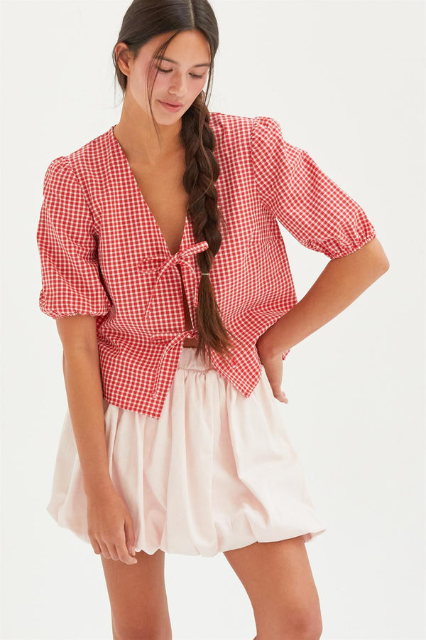 Murphy Gingham Tie Front Blouse, Red