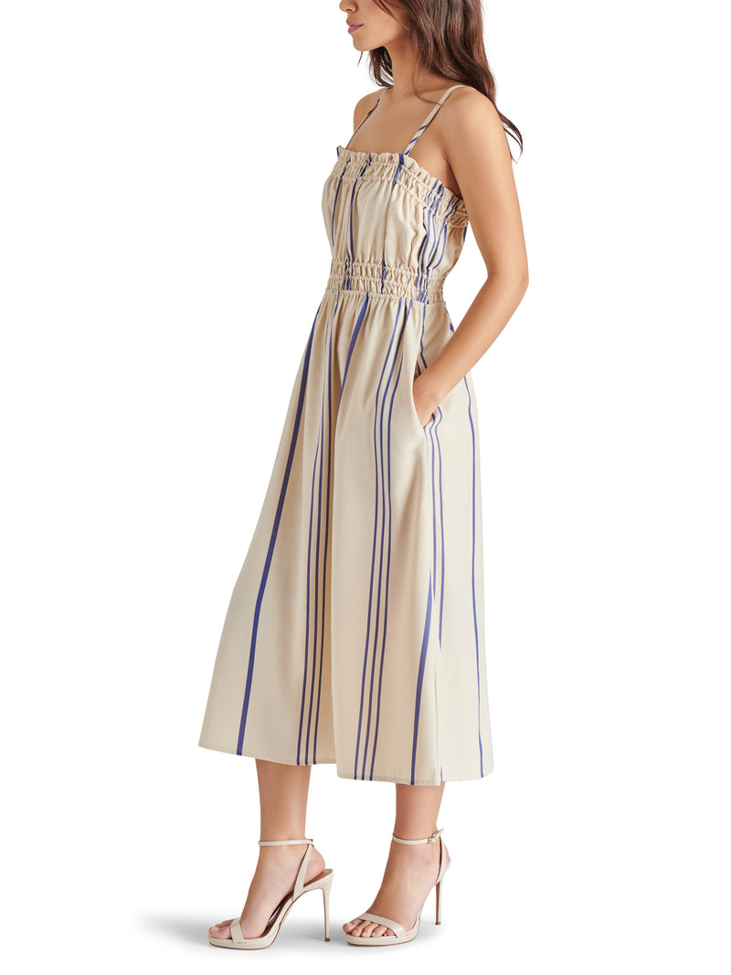 Zuri Striped Midi Dress, Sandy Beige | Steve Madden