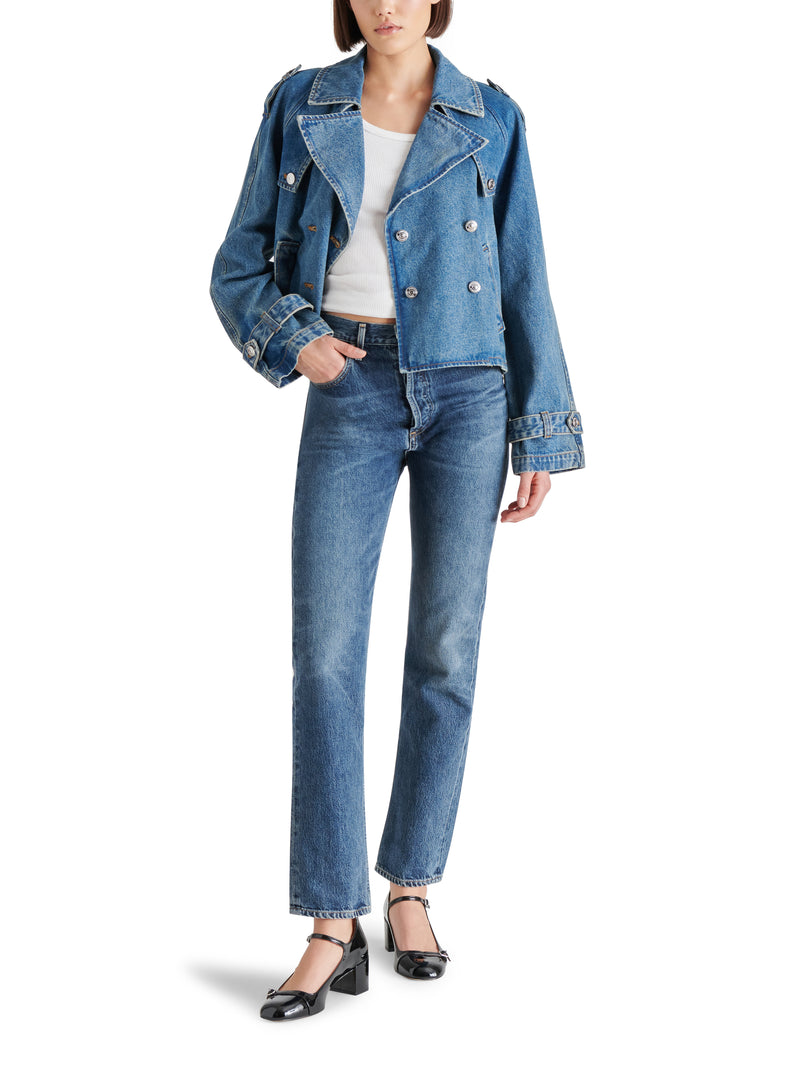 Sirus Cropped Trench Coat Jacket, Blue Denim | Steve Madden