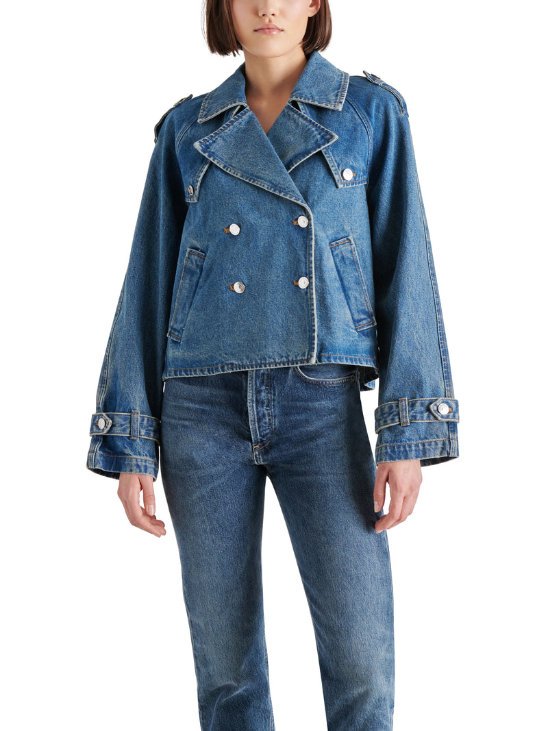 Sirus Cropped Trench Coat Jacket, Blue Denim | Steve Madden