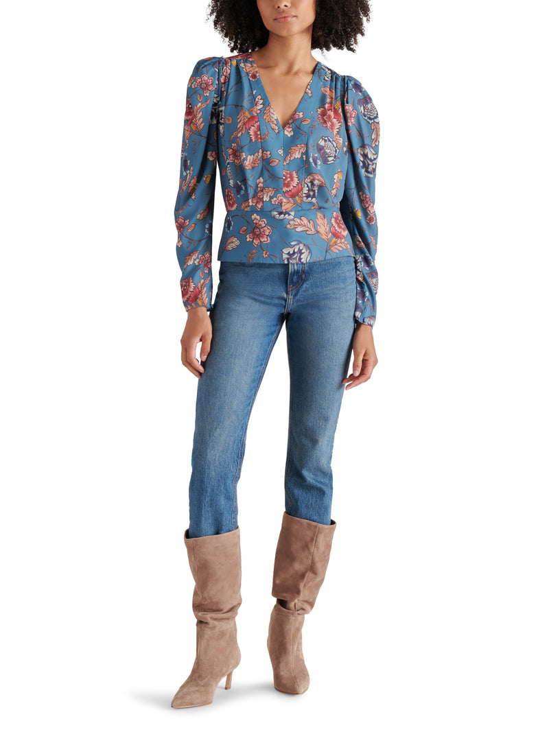 Saige Floral Peplum Top, Cadet Blue | Steve Madden