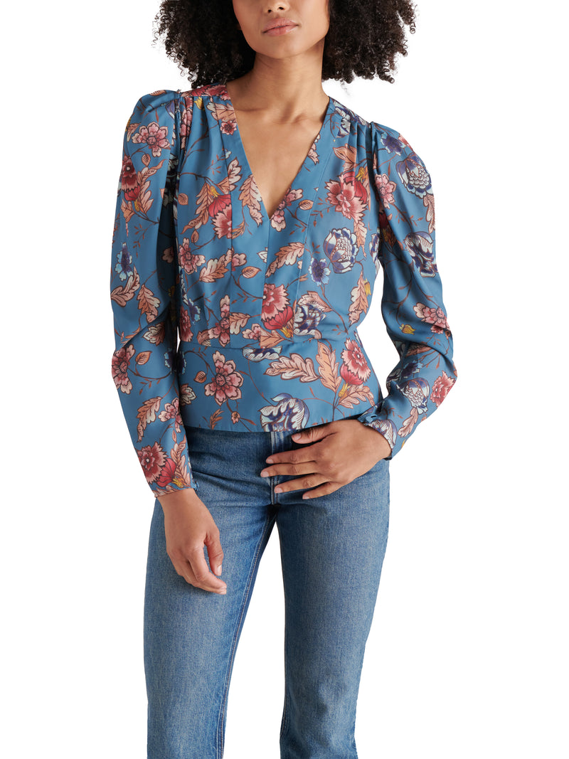 Saige Floral Peplum Top, Cadet Blue | Steve Madden