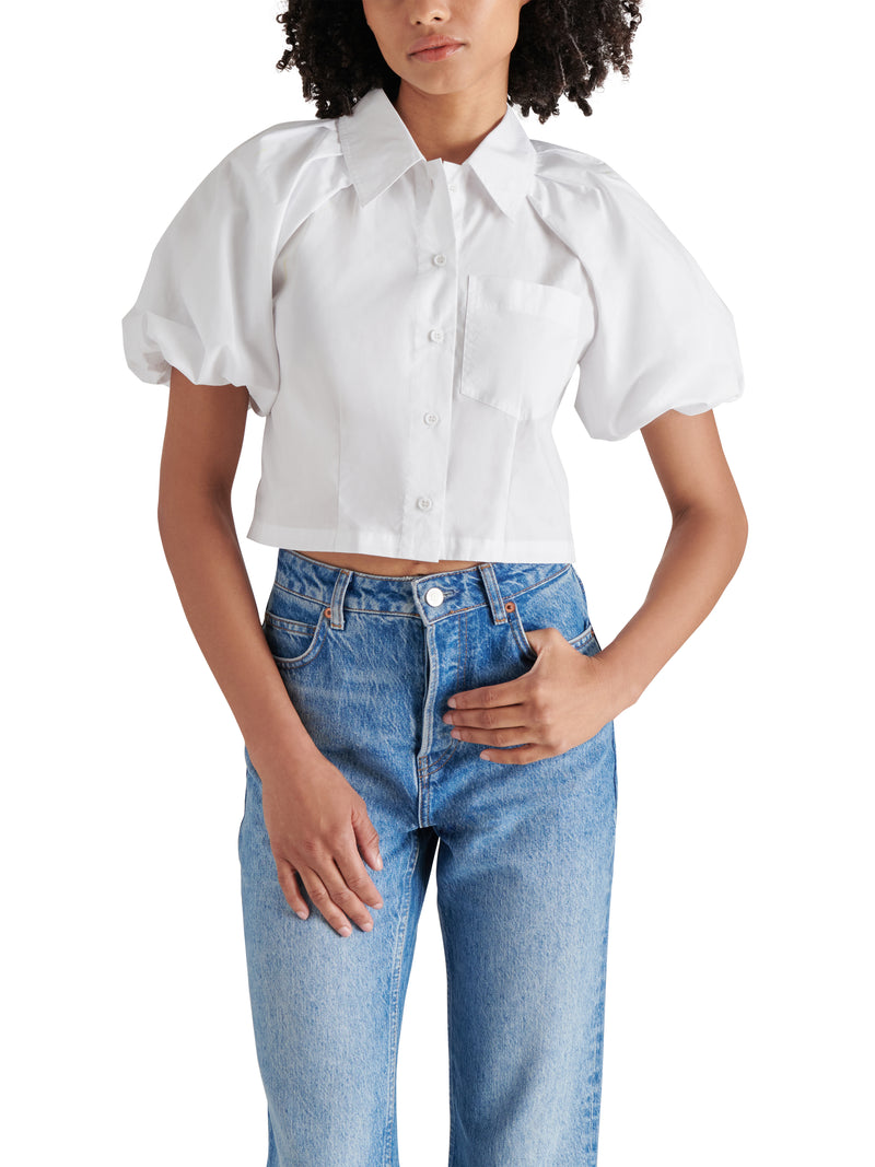 Reece Puff Sleeve Crop Top, White | Steve Madden