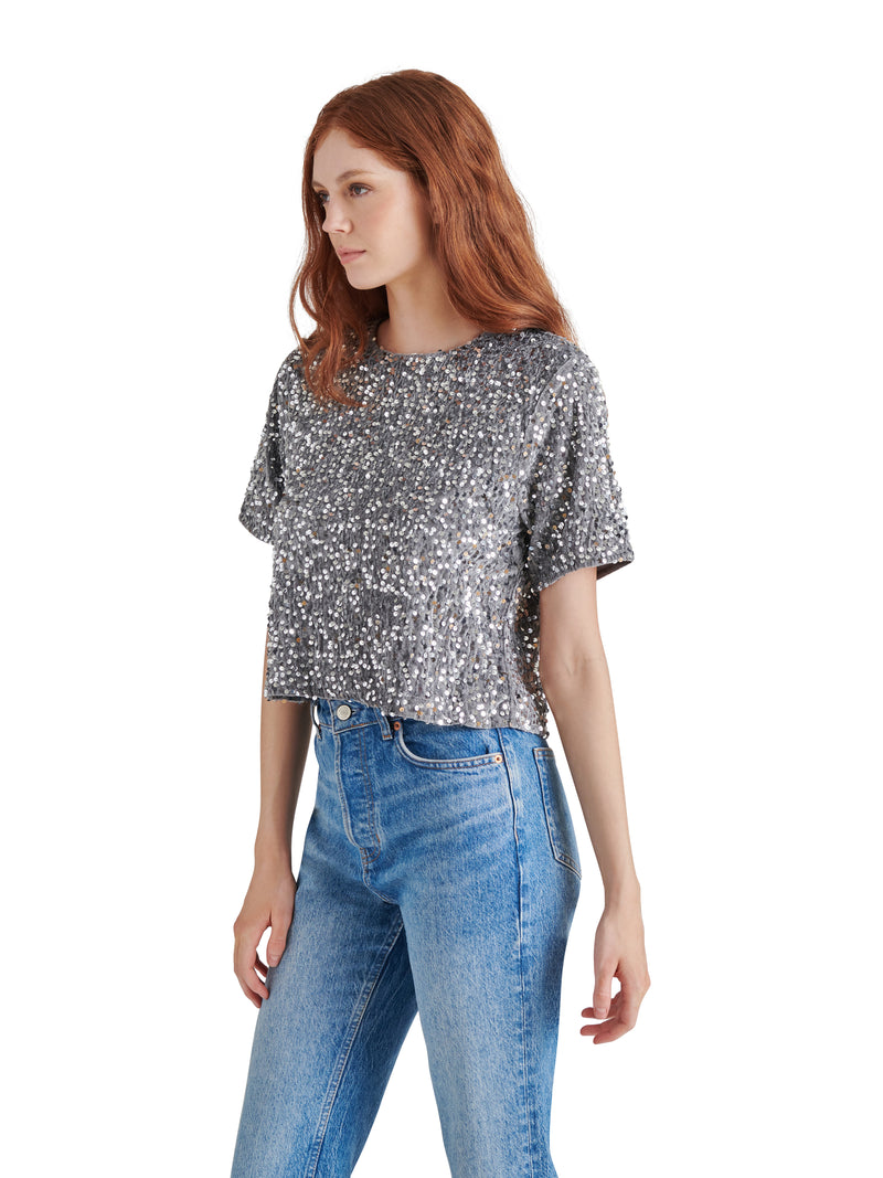 Cressa Sequin Velvet Top, Grey | Steve Madden