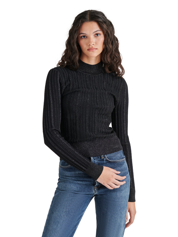 Pamela Metallic Cable Knit Sweater, Black | Steve Madden