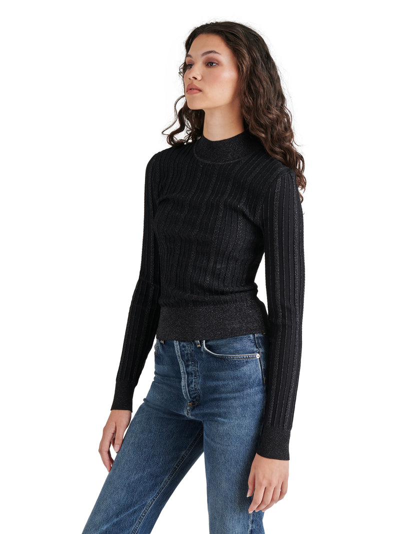 Pamela Metallic Cable Knit Sweater, Black | Steve Madden