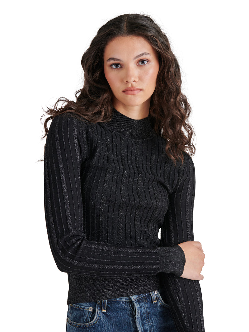 Pamela Metallic Cable Knit Sweater, Black | Steve Madden