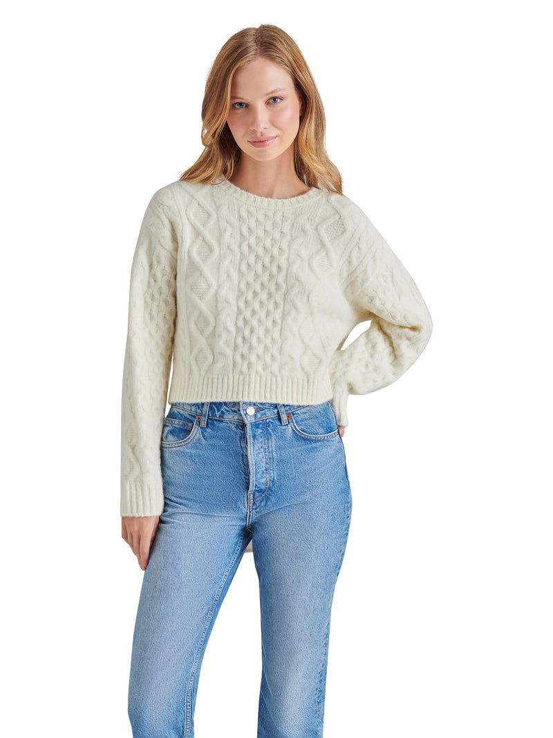 Kessie Cable Knit Sweater, Whisper White | Steve Madden