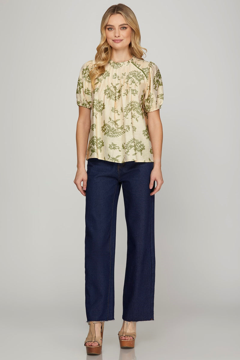 Sloane Paisley Print Ruffle Neck Top, Sage