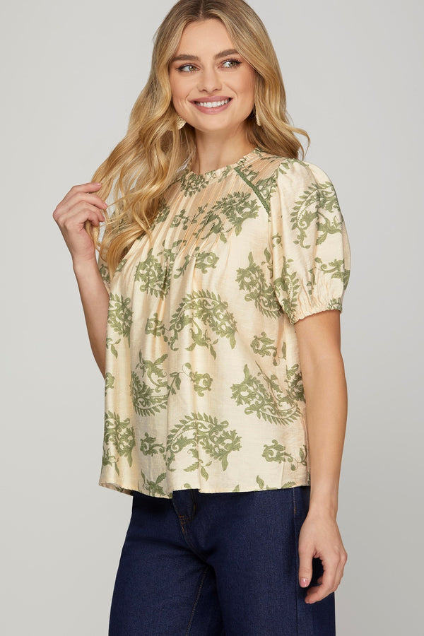 Sloane Paisley Print Ruffle Neck Top, Sage